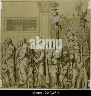 Triumphe von Julius Caesar: Leinwand Nr. VII, 18. Jahrhundert, nach Andrea Mantegna, Italienisch, 1431-1506, Italien, Feder und Tinte, braun mit Pinsel in Grau waschen, erhöhte mit Bleiweiß (oxidiert), an den cremefarbenen Papier mit gelben Waschen vorbereitet, 370 x 372 mm Stockfoto