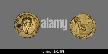 Aureus (Münze) Darstellung von Kaiser Tiberius, AD 14/37, Römische, Römisches Reich, Gold, Diam. 2 cm, 7,82 g Stockfoto