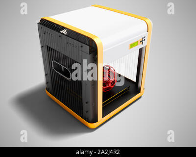 Modernes weißes 3d-Drucker für zu Hause mit orange-Einsätze 3D-Render auf grauem Hintergrund mit Schatten Stockfoto