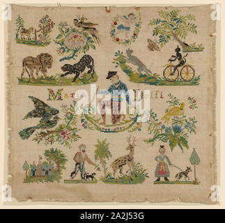 Sampler, Anfang/Mitte 19. Jahrhundert, Italien, Bettwäsche, in Leinwandbindung, bestickt mit Seide in Kreuz Stiche, 35,5 x 38,0 cm (14 x 15 in. Stockfoto