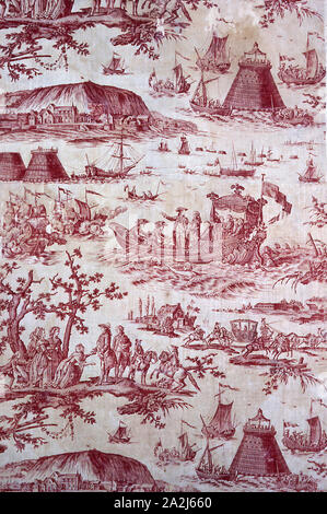 Die Einweihung der Hafen von Cherbourg von Louis XVI (Dekorationsstoff), C. 1787, entworfen von Jean Baptiste Huet (Französisch, 1745-1811) nach Karikatur von Pierre Ozanne (Französisch, 1737-1815), hergestellt von Petitpierre et Cie (Französisch, 1760/70-1791), Frankreich, Nantes, Nantes, Baumwolle, in Leinwandbindung, Kupferstich gedruckt, 201,6 x 93,4 cm (79 3/8 x 36 3/4 in Stockfoto
