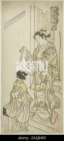 Kurtisanen in Osaka Stil (Osaka kakiwake), von kurtisanen der drei Hauptstädte, einem Satz von drei (Sanga Nr. tsu Keisei sanpukutsui), C. 1748, Okumura Masanobu, Japanisch, 1686-1764, Japan, Farbe holzschnitt, rechts Blatt hosoban Triptychon, benizuri-e, 31,3 x 14,6 cm Stockfoto