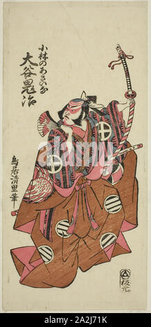 Der Schauspieler Otani Oniji II als Asahina Saburo im Spiel Hatachiyama Horai Soga, am Ichimura Theater im ersten Monat, 1759, 1759 DURCHGEFÜHRT, Torii Kiyosato, Japanisch, Aktive c. 1751 - 64, Japan, Farbe holzschnitt, hosoban, benizuri-e, 12 3/8 x 5 7/8 in Stockfoto