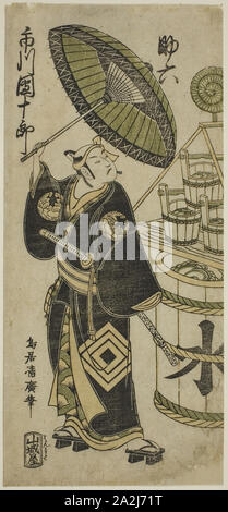 Der Schauspieler Ichikawa Danjuro IV als Sukeroku im Spiel Choseiden Fudan-zakura, Nakamura Theater im vierten Monat, 1756, 1756 DURCHGEFÜHRT, Torii Kiyohiro, Japanisch, Aktive c. 1737-76, Japan, Farbe holzschnitt, hosoban, benizuri-e, 11 5/8 x 5 3/8 Zoll Stockfoto