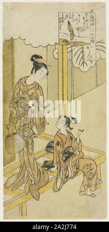 Besuchen (Kayoi), aus der Serie der Sieben modischen Aspekten der Komachi (Furyu yatsushi nana Komachi), c. Anfang 1760 s, Suzuki Harunobu 鈴木 春信, Japanisch, 1725 (?) -1770, Japan, Farbe holzschnitt, hosoban, 29,0 x 13,9 cm (11 1/4 x 5 1/2 in. Stockfoto