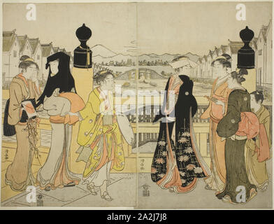 Frauen überschreiten Nihonbashi Brücke, C. 1786, Torii Kiyonaga, Japanisch, 1752-1815, Japan, Farbe holzschnitt, oban Diptychon, 38,7 x 25,6 cm (Blatt), 38,4 x 25,4 cm (linke Blatt Stockfoto