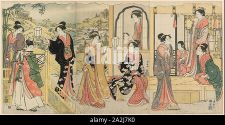 Eine moderne Version von Ushiwakamaru Ständchen Prinzessin Joruri, C. 1785, Torii Kiyonaga, Japanisch, 1752-1815, Japan, Farbe farbholzschnitte, oban Triptychon, 37,9 x 24,5 cm (Blatt), 37,9 x 24,7 cm (Blatt), 37,9 x 25,0 cm (linke Blatt Stockfoto