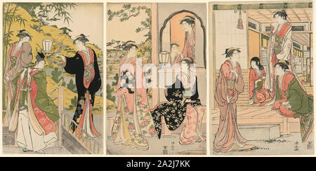 Eine moderne Version von Ushiwakamaru Ständchen Prinzessin Joruri, C. 1785, Torii Kiyonaga, Japanisch, 1752-1815, Japan, Farbe holzschnitt, oban Triptychon, 39,0 x 26,1 cm (Blatt), 38,5 x 25,4 cm (Blatt), 38,5 x 26,0 cm (linke Blatt Stockfoto