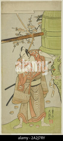 Der Schauspieler Ichikawa Yaozo II als Yoshimine keine Munesada im Spiel Kuni no Hana Ono keine Itsumoji, durchgeführt an der Nakamura Theater im elften Monat, 1771, C. 1771, Ippitsusai Buncho, Japanisch, Aktive c. 1755-90, Japan, Farbe holzschnitt, hosoban, 32,5 x 14,7 cm (12 13/16 x 5 13/16-in Stockfoto