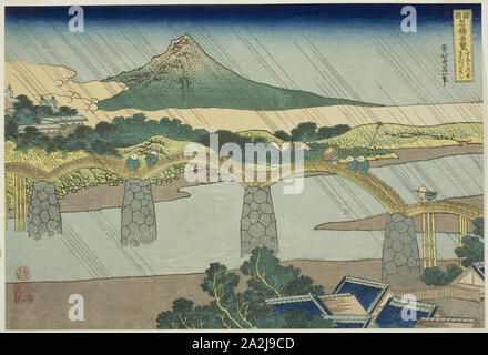 Kintai Brücke in Suo Provinz (Suo no kuni Kintaibashi), aus der serie ungewöhnlich, einen Blick auf die berühmten Brücken in verschiedenen Provinzen (Shokoku meikyo Kiran), C. 1833/34, Katsushika Hokusai 葛飾 北斎, Japanisch, 1760-1849, Japan, Farbe holzschnitt, Oban, 10 x 15 in. Stockfoto