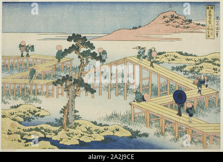 Alte Ansicht der Acht-beplankte Brücke in Mikawa Provinz (Mikawa keine Yatsuhashi keine kozu), aus der serie ungewöhnlich, einen Blick auf die berühmten Brücken in verschiedenen Provinzen (Shokoku meikyo Kiran), C. 1833/34, Katsushika Hokusai 葛飾 北斎, Japanisch, 1760-1849, Japan, Farbe holzschnitt, Oban Stockfoto