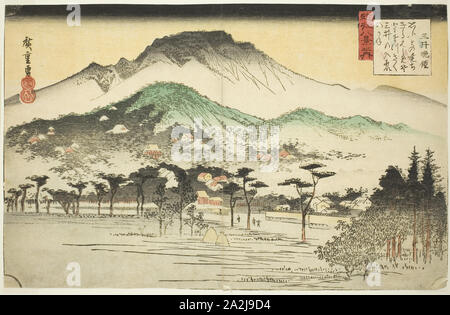 Abend Glocke an Mii Tempel (Mii bansho), aus der serie Acht Ansichten der Oblaten von der Makellosen Jungfrau Maria (OMI hakkei no Uchi), C. 1834, Utagawa Hiroshige 歌川 広重, Japanisch, 1797-1858, Japan, Farbe holzschnitt, Oban, 9 1/2 x 14 1/2 in. Stockfoto