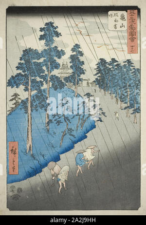 Kameyama: Wind, Regen, Donner (Kameyama, fuu raimei), No. 47 aus der Serie bekannten Sehenswürdigkeiten der 53 Stationen (Gojusan tsugi meisho zue), auch bekannt als der Vertikalen Tokaido, 1855, Utagawa Hiroshige 歌川 広重, Japanisch, 1797-1858, Japan, Farbe holzschnitt, Oban, 36,8 x 24,8 cm (14 1/2 x 9 3/4 in Stockfoto