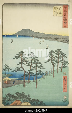 Oiso: Saigyo Hütte am Shigitatsu Marsh (Oiso, Shigitatsusawa Saigyoan), No. 9 Aus der Serie bekannte Sehenswürdigkeiten der 53 Stationen (Gojusan tsugi meisho zue), auch bekannt als der Vertikalen Tokaido, 1855, Utagawa Hiroshige 歌川 広重, Japanisch, 1797-1858, Japan, Farbe holzschnitt, Oban, 37x25/1 cm (14 9/16 x 9 7/8 in Stockfoto