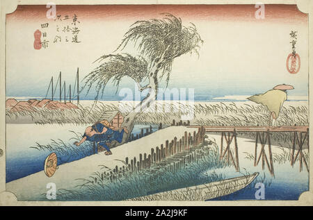 Ara: Mie River (Yokkaichi, Miegawa), aus der serie Dreiundfünfzig Stationen des Tokaido (Tokaido gojusan tsugi no Uchi), auch als Hoeido Tokaido, C. 1833/34, Utagawa Hiroshige 歌川 広重, Japanisch, 1797-1858, Japan, Farbe holzschnitt, Oban, 24,2 x 36,1 cm (9 / 12 x 14 3/16 in. Stockfoto