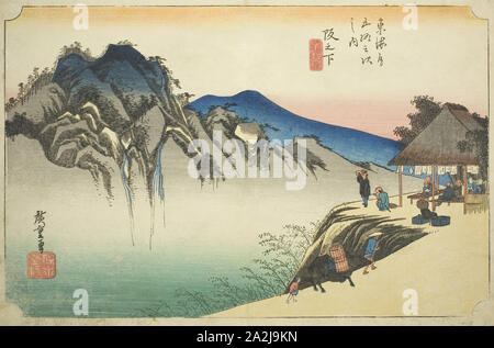 Fudesute Sakanoshita: Gipfel des Berges (Sakanoshita, Fudesute Mine), aus der serie Dreiundfünfzig Stationen des Tokaido (Tokaido gojusan tsugi no Uchi), auch als Hoeido Tokaido, C. 1833/34, Utagawa Hiroshige 歌川 広重, Japanisch, 1797-1858, Japan, Farbe holzschnitt, Oban, 24,1 x 36,2 cm (9 1/2 x 14 1/4 in Stockfoto