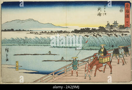 Okazaki: Fluss Yahagi (Okazaki, Yahagigawa)-Nr. 39, aus der serie Dreiundfünfzig Stationen des Tokaido (Tokaido gojusan tsugi), auch als reisho Tokaido, C. 1847/52, Utagawa Hiroshige 歌川 広重, Japanisch, 1797-1858, Japan, Farbe holzschnitt, Oban, 23,7 x 35,1 cm (9 5/16 x 13 13/16 in Stockfoto