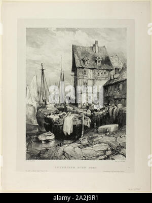 Innenraum eines Ports, Platte fünf von sechs Marines, 1833, Eugène Isabey (Französisch, 1803-1886), von Charles Étienne Pierre Motte (Französisch, 1785-1836), Frankreich, Lithographie in Schwarz gedruckt auf hellgrau China Papier, legte sich auf Elfenbein webte Papier, 309 × 235 mm (Bild), 359 × 276 mm (Primary Support), 441 × 347 mm (sekundäre Unterstützung Stockfoto