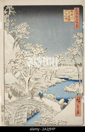 Drum Bridge und Yuhi Hügel bei Meguro (Meguro Taikobashi Yuhi-no-Oka), aus der Serie 100 berühmten Ansichten von Edo (Meisho Edo hyakkei), 1857, Utagawa Hiroshige 歌川 広重, Japanisch, 1797 - 1858, Japan, Farbe holzschnitt, Oban, 35,8 x 24,2 cm (14 1/16 x 9 1/2 in. Stockfoto