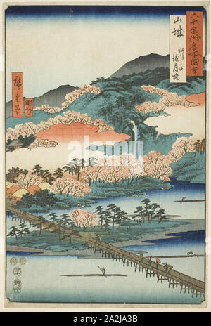 Yamashiro Provinz: Die Togetsu Brücke in Mount Arashi (Yamashiro, arashiyama Togetsukyo), aus der serie bekannte Orte in die Rund 60 Provinzen (Rokujuyoshu meisho zue), 1853, Utagawa Hiroshige 歌川 広重, Japanisch, 1797-1858, Japan, Farbe holzschnitt, Oban Stockfoto