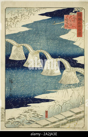 Brücke an kintai Iwakuni in Suo Provinz (Suo Iwakuni Kintaibashi), aus der Serie 100 berühmten Ansichten in den verschiedenen Provinzen (Shokoku meisho hyakkei), 1859, Utagawa Hiroshige II (shigenobu), Japanisch, 1826-1869, Japan, Farbe holzschnitt, Oban Stockfoto