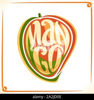 Vektor logo für Mango, Label mit einem ganze Früchte für Paket von frischen Saft oder Exotische Dessert, Preis mit Original font für Word mango eingeschrieben Stock Vektor