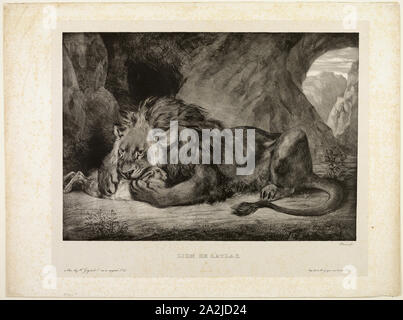 Lion auf das Atlasgebirge, 1829, Eugène Delacroix (Französisch, 1798-1863), durch E.Ardit (Französisch, Akte gedruckt. 1828-1834), Frankreich, Lithographie in Schwarz auf hellgrau China Papier legte sich auf Elfenbein webte Papier (chine collé), 330 x 465 mm (Bild), 470 × 625 mm (Blatt Stockfoto