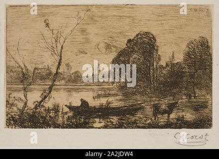 Ville d'Avray: Teich mit Bootsmann, Abend, 1862-63, Jean-Baptiste-Camille Corot, Französisch, 1796-1875, Frankreich, Ätzen und Kaltnadelradierung auf Creme China Papier auf weißem webte Karte gelegt, 79 x 128 mm (Platte), 217 × 267 mm (Blatt Stockfoto