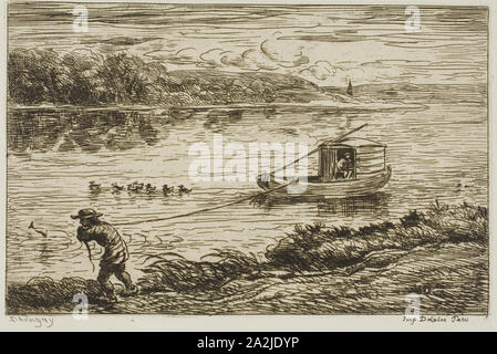 Schiffsjungen Ziehen an der Leitung (Schleppen am Seil), 1861, Charles François Daubigny, Französisch, 1817-1878, Frankreich, Côte d'Ivoire Radierung auf Bütten, 126 × 174 mm (Platte), 212 × 290 mm (Blatt Stockfoto