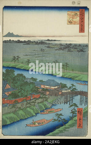 Yanagishima, aus der Serie 100 berühmten Ansichten von Edo (Meisho Edo hyakkei), 1857, Utagawa Hiroshige 歌川 広重, Japanisch, 1797-1858, Japan, Farbe holzschnitt, Oban Stockfoto