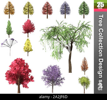 Baum Korrektur Design. 3D-Darstellung. Weißer Hintergrund isolieren. Natur und Gärten Design. Stockfoto