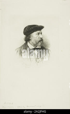 Portrait von Daubigny 1879 Léopold Massard, Französisch, 1812-1889, Frankreich, Côte d'Ivoire Radierung auf Bütten, 90 x 82 mm (Bild), 160 × 113 mm (Platte), 235 × 153 mm (Blatt Stockfoto