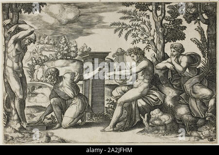 Apollon und Marsyas, C. 1532, Meister der Sterben (Italienisch, Aktive c. 1530-1560), nach Raffaello Sanzio, namens Raphael (Italienisch, 1483-1520), Italien, Gravur in Schwarz auf Papier, 188 x 284 mm (Blatt Stockfoto