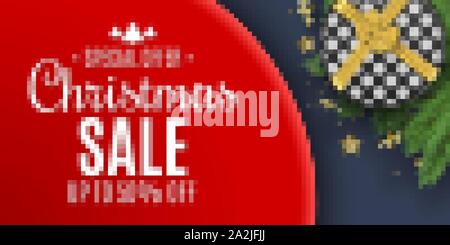 Weihnachten Verkauf Banner für das Web. Geschenkbox und Band mit Schleife. Goldene Sterne und Serpentine auf eine Tanne. Stilvolle Schriftzug. Saisonale Weihnachtseinkäufe. Vec Stock Vektor