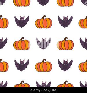 Halloween nahtlose Muster mit Bat und Kürbis, Hand gezeichnet doodle Stil. Herbst Vector Illustration. Stock Vektor