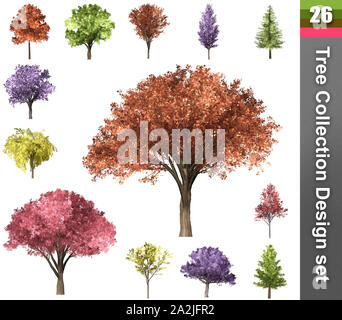 Baum Korrektur Design. 3D-Darstellung. Weißer Hintergrund isolieren. Natur und Gärten Design. Stockfoto