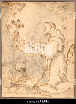 Saint Francis betet, n.d., evtl. nach Bartolomé Estéban Murillo, Spanisch, 1618-1682, Spanien, Stift- und braun-Tinte mit Pinsel in Grau waschen, creme Bütten, 222 x 171 mm Stockfoto