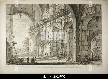 Ansicht der oberen Geschichte der Käfige für wilde Tiere gebaut durch den Kaiser Domitian, mit dem flavischen Amphitheater und gemeinhin als die Curia Hostilia, von Ansichten von Rom, 1750/59, Giovanni Battista Piranesi, Italienischer, 1720-1778, Italien, Ätzung auf schwere elfenbeinfarbenes Papier, 383 x 601 mm (Bild), 405 x 608 mm (Platte), 461 x 674 mm (Blatt festgelegt Stockfoto