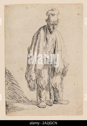 Bettler in einen hohen Cap, stehend und auf einen Stock gestützt, C. 1629, Rembrandt van Rijn, niederländischer, 1606-1669, Holland, Ätzung auf Elfenbein Papier, 153 x 108 mm (Blatt festgelegt, innerhalb der Platte mark Stockfoto