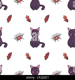 Halloween Party Kunst Design mit schwarzen Katze, Augen und Blätter. Nahtlose Muster für Tapeten, Stoff, Geschenkpapier. Herbst Vector Illustration. Stock Vektor