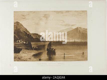 Inverary Pier Loch Fyne, Morgen, Veröffentlicht Juni 1, 1811, Joseph Mallord William Turner, Englisch, 1775-1851, England, Radierung und Aquatinta in Braun auf Elfenbein Bütten, 180 × 264 mm (Bild), 216 x 293 mm (Platte), 266 × 382 mm (Blatt Stockfoto