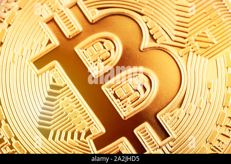 Bitcoin goldene Münze Makroaufnahme Stockfoto