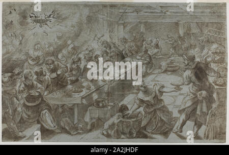 Letzte Abendmahl, n.d., nach Jacopo Robusti, genannt Tintoretto, Italienisch, 1519-1594, Italien, Pinsel in Braun waschen, mit Blei weiß (teilweise oxidiert), auf blauem Papier verstärkt, auf Elfenbein festgelegten Papier, 348 x 552 mm Stockfoto