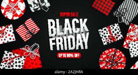 Schwarzer Freitag Verkauf Banner. Cool Saisonale Rabatt Plakat mit roten und weißen Geschenkboxen auf schwarzem Hintergrund. Urlaub Vorlage für Werbung shopping Stock Vektor