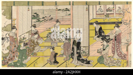 Einer Frau Poesie Party, C. 1793, Chobunsai Eishi, Japanisch, 1756-1829, Japan, Farbe holzschnitt, oban Triptychon, 37,7 x 74,4 cm Stockfoto