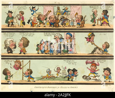 Groteske Grenzen für Hallen & Zimmer, veröffentlicht im Juli 21, 1799, Thomas Rowlandson (Englisch, 1756-1827), nach George Moutard Woodward (Englisch, C. 1760-1809), von Rudolph Ackermann (Englisch, geboren in Deutschland, 1764-1834), England, Radierung in Schwarz veröffentlicht, mit farbigen Ergänzungen, auf Creme webte Papier, 365 × 450 mm. Stockfoto