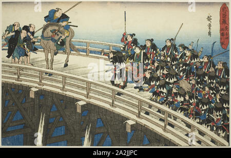 Die Nacht Angriff, Teil 4 [sic, eigentlich 5]: Der Rückzug in Ryogoku Brücke (Youchi yon, Ryogoku hikitori), aus der serie Die Rache der Treuen Halter (chushingura), C. 1834/39, Utagawa Hiroshige 歌川 広重, Japanisch, 1797-1858, Japan, Farbe holzschnitt, Oban, 25,4 x 37,2 cm (10 x 14 5/8 in Stockfoto