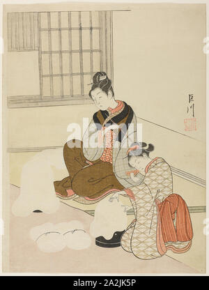 Abend Schnee auf einem Floss Shaper (Nurioke keine bosetsu), aus der serie Acht Ansichten von der Stube (Zashiki hakkei), C. 1766, Suzuki Harunobu 鈴木 春信, Japanisch, 1725 (?) -1770, Japan, Farbe holzschnitt, chuban, 28,7 × 21,6 cm (11 1/4 x 8 1/2 in. Stockfoto
