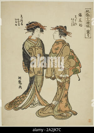 Im zehnten Monat (Kannazuki): Wakamatsu und Wakatsuru des Tawaraya, aus der Serie 12 Muster, die in der nördlichen Viertel (Hokkaku Juni moyo), C. 1776/81, Isoda Koryusai, Japanisch, 1735-1790, Japan, Farbe holzschnitt, chuban, 10 3/8 x 7 5/8 Zoll Stockfoto