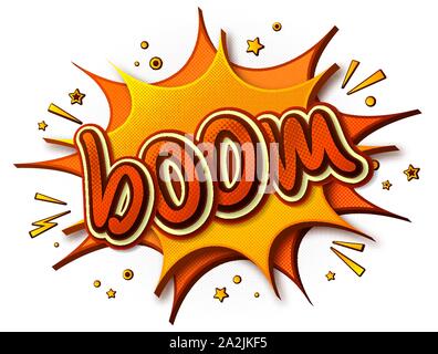 Boom Comics Poster. Dachte, Blase und Soundeffekte. Bunte lustige Banner im Pop Art Stil. Gelb-orange cartoon Banner mit halftone Wirkung Stock Vektor